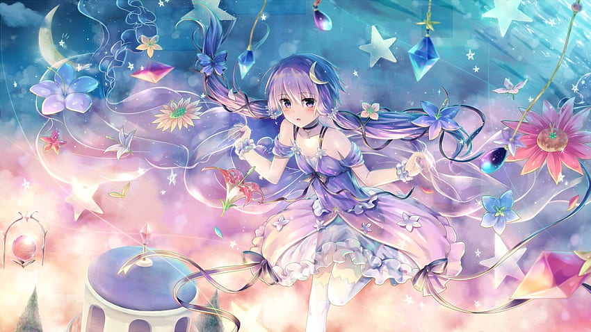 Yuzuki Yukari, noche, azul, niña, utsunomiya, estrella, rosa, anime, luna, flor, luna, manga fondo de pantalla