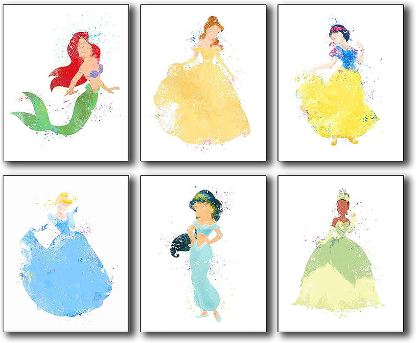 Disney Princess akwarela Wall Art plakaty odbitki-zestaw 6 (8 cali x 10 cali)-Ariel Belle Królewna Śnieżka Kopciuszek Jasmine i Tiana!: plakaty i wydruki, cytaty księżniczek Disneya Tapeta HD