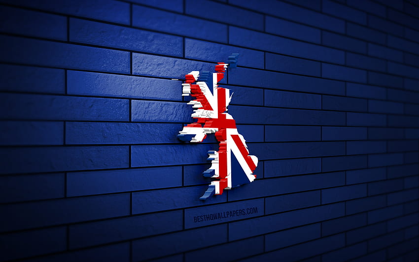 Mapa del Reino Unido, pared de ladrillo azul, países europeos, silueta del mapa del Reino Unido, bandera del Reino Unido, Europa, mapa británico, bandera británica, Reino Unido, Union Jack, bandera del Reino Unido, mapa 3D británico, bandera del Reino Unido fondo de pantalla