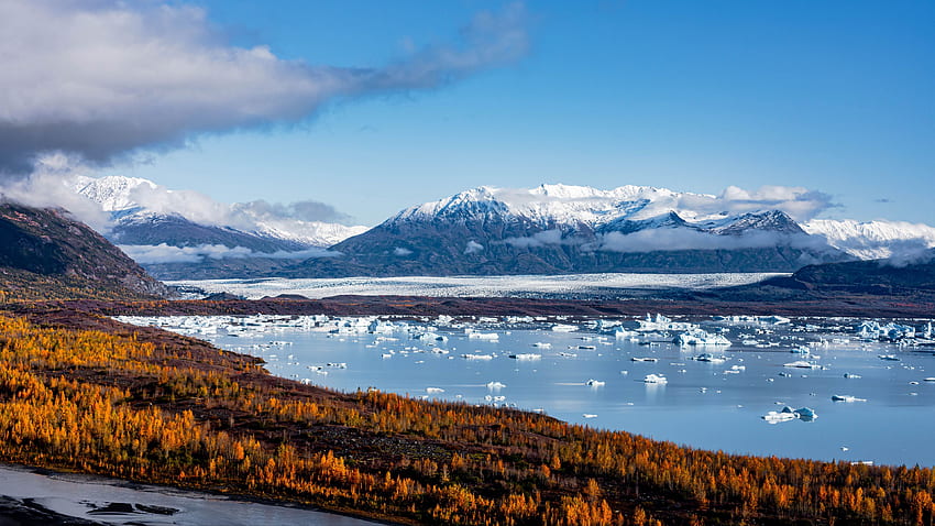 凍った氷の海岸緑黄色の葉の木雪をかぶった山々 と青空の自然の下で霧と 高画質の壁紙