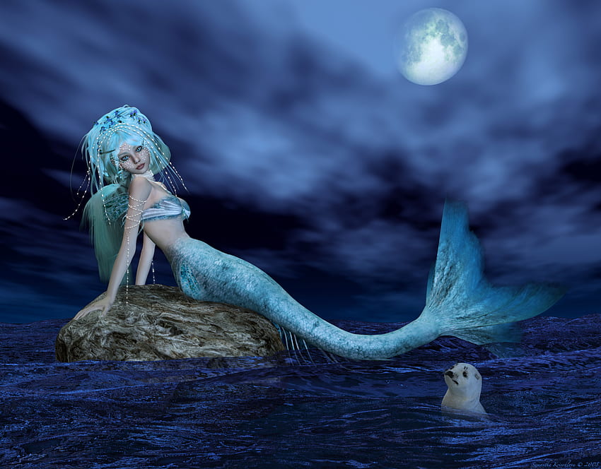Nerea-Bathing In Moonlight, noite, azul, foca, mar, sereia, renderização 3d, ciano, luar, lua, fantasia, água, oceano papel de parede HD