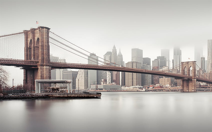 Brooklyn Bridge, cloudy morning, New York City, Manhattan, skyscrapers, New York cityscape, USA HD wallpaper
