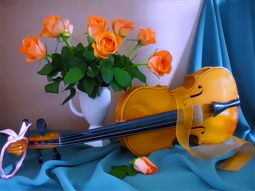 Songs and spring, roses, blue drape, vase, orange, bass HD wallpaper
