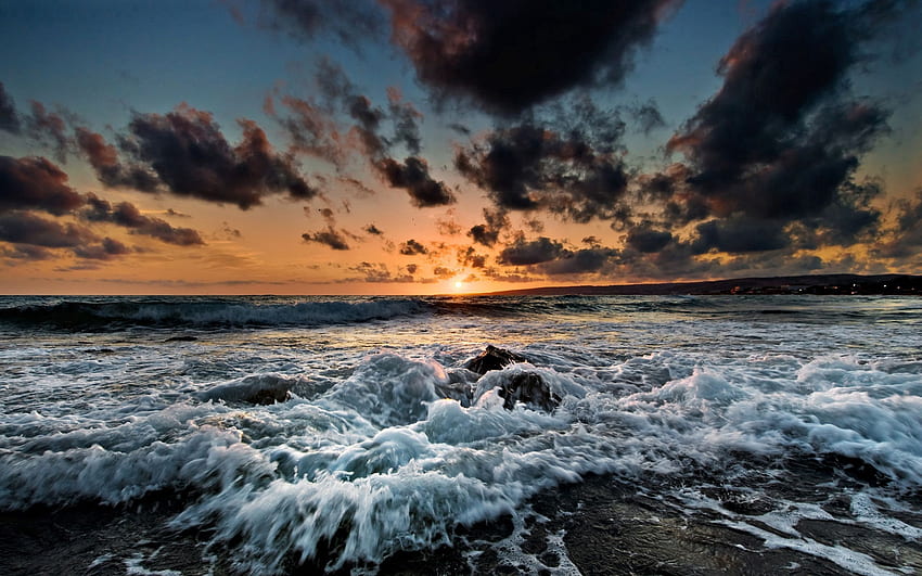 Nature, Sunset, Sea, Foam, Surf HD wallpaper