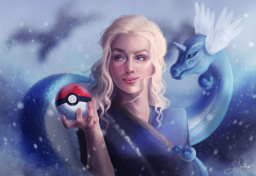 Daenerys with pokeball, blue, daenerys targaryen, sandrawinther, hand, sandra winther, fantasy, pokeball, mother, dragon, luminos, pokemon, game of thrones HD wallpaper