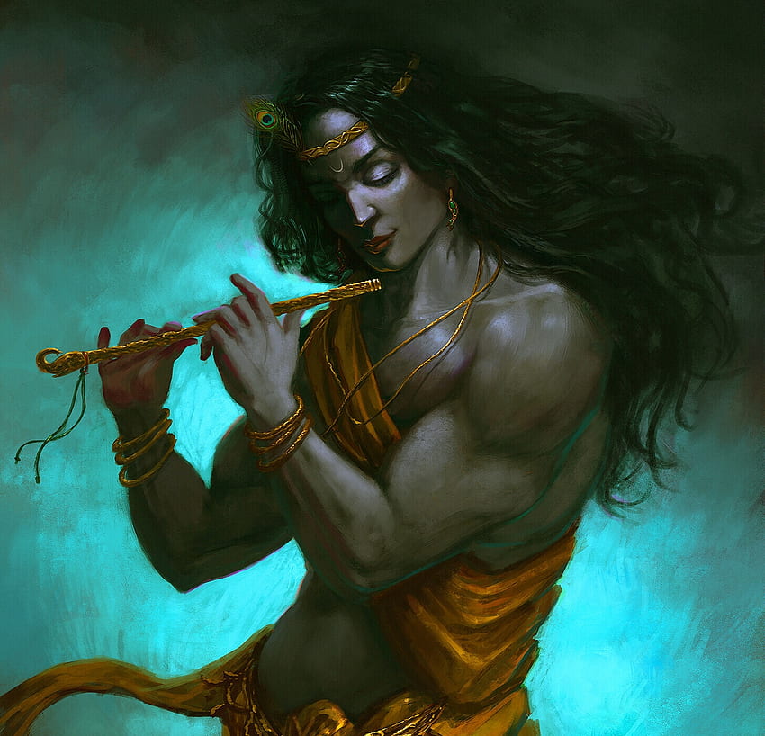 Krishna, god, blue, flute, art, man, vishnu kuttikkatt, instrument, fantasy, luminos HD wallpaper
