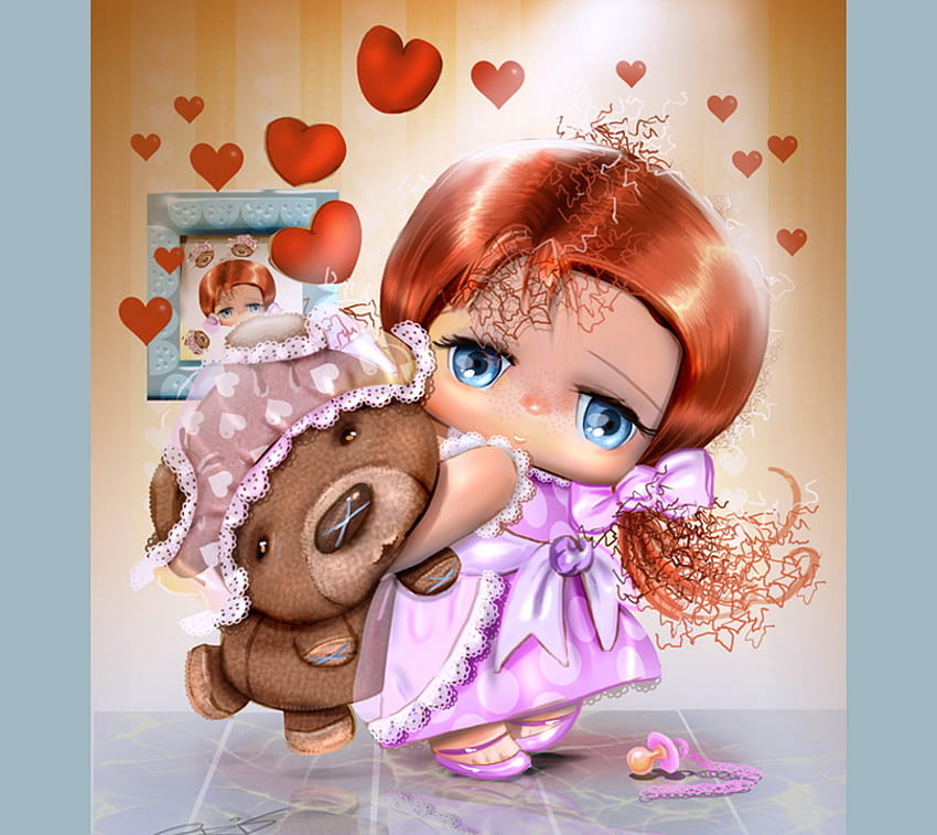 J'aime mon Teddy, robe rose, petite fille, dessin animé, nounours, amour, coeurs, cheveux roux, amis Fond d'écran HD
