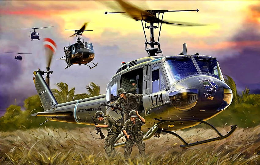 M16, ヘリコプター, 米軍, 着陸, M60, UH 1D, ベトナム戦争 PC 高画質の壁紙