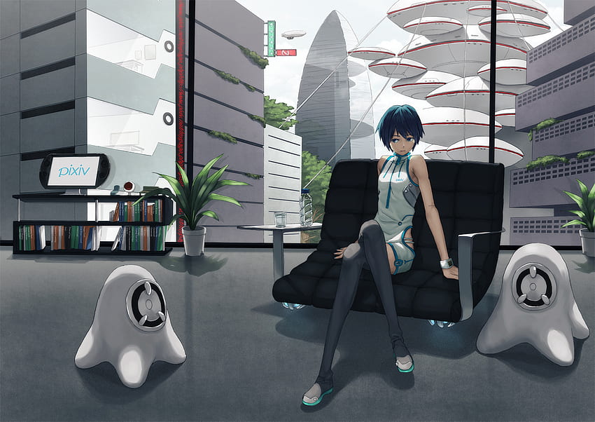 アニメ、アニメの短い髪、美しい女性、座っている、翔平、青い髪、未来 高画質の壁紙