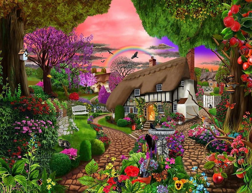 Tęcza nad chatą, domem, ogrodem, kolorami, dziełem sztuki, em, drzewami, niebem, kwiatami, zachodem słońca Tapeta HD