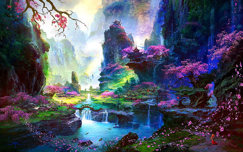 Fantezi Cennet Kiraz Çiçeği Ağacı Manzarası., Serin Kiraz Çiçeği Ağacı HD duvar kağıdı