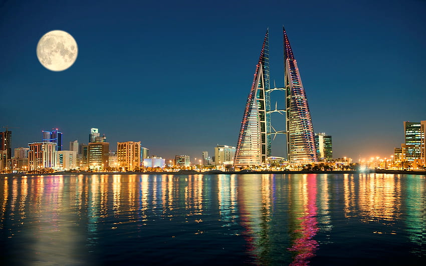 Bahreyn Manama, şehir manzarası, gece manzaraları, Bahreyn, Asya, Basra Körfezi, Başkent HD duvar kağıdı