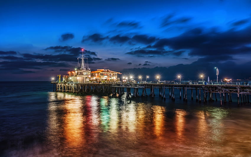The Pier In Santa Monica, night, oceans, colorful, california, pier, beautiful, usa, santa monica, lights, clouds, nature, water HD wallpaper