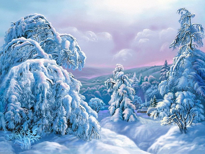 冬の山、冬、霜、斜面、凍った、深い、美しい、素敵、山、絵画、きれい、雪、雲、木、空、美しい、森 高画質の壁紙