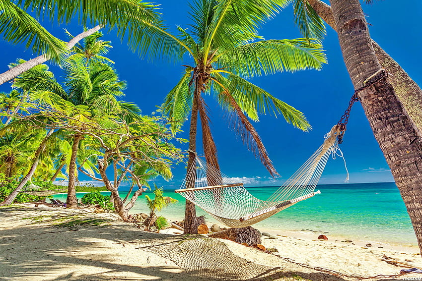 Tropische Ruhe, Fidschi, Schatten, Tropen, Paradies, entspannen, schön, Hängematte, Urlaub, Sommer, Ruhe, Sand, Himmel, Meer, Insel, Strand, Bäume, Meer, Palmen HD-Hintergrundbild