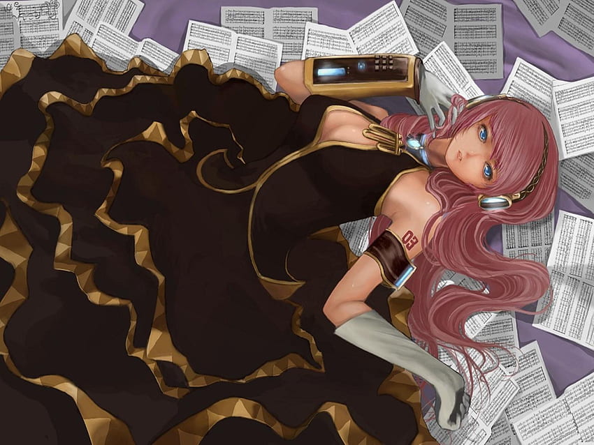 Megurine Luka, black, luka, awesome, song, cute, vocaloid, song notes, dress, beauty, nice, music, vocaloids, music notes, program, notes, white, girl, pink hair, paper, diva, pink, anime, pretty, cool, megurine, idol, virtual HD wallpaper