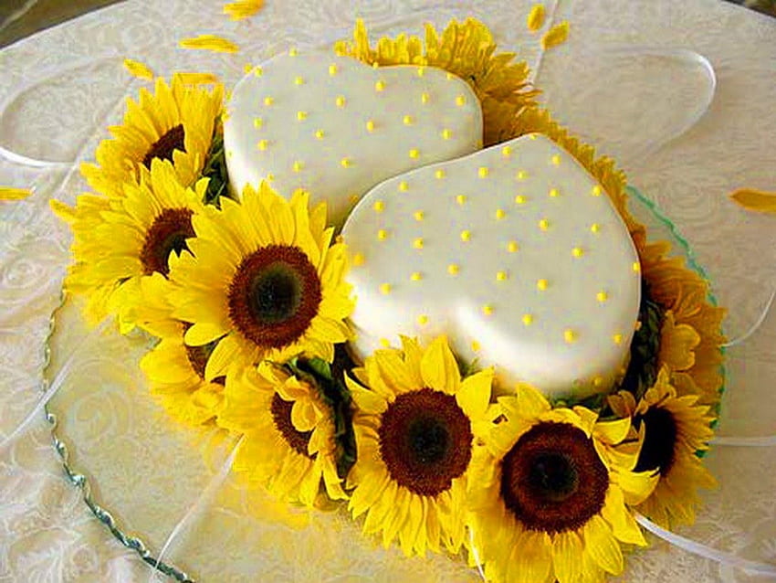 Sunflower cake for Annie, brown, sunflowers, yellow, hearts, cake HD wallpaper
