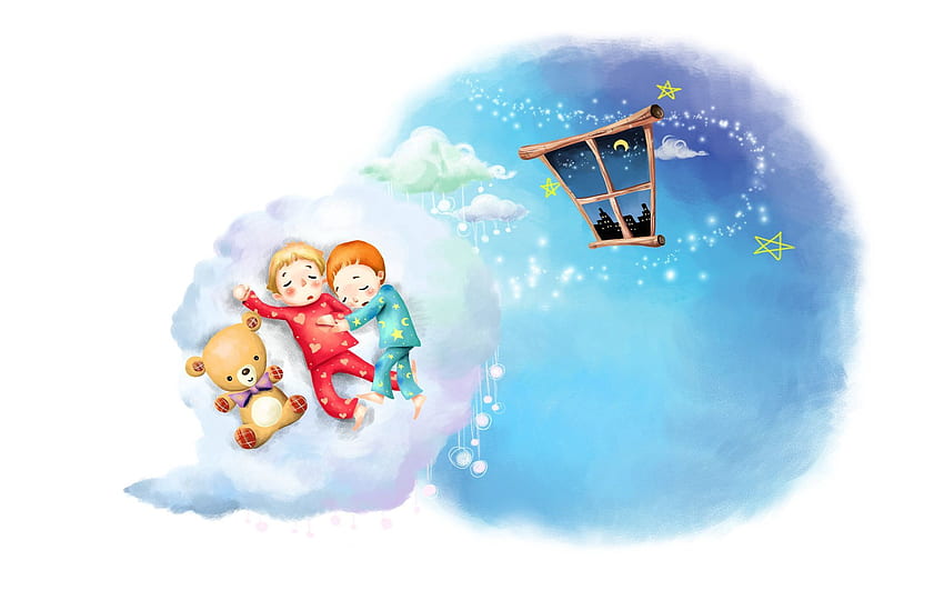 Stars, Clouds, Love, Teddy Bear, , Drawing, Month, Window, Dream, Sleep, Toddlers, Kids, Childhood, Pajamas HD wallpaper