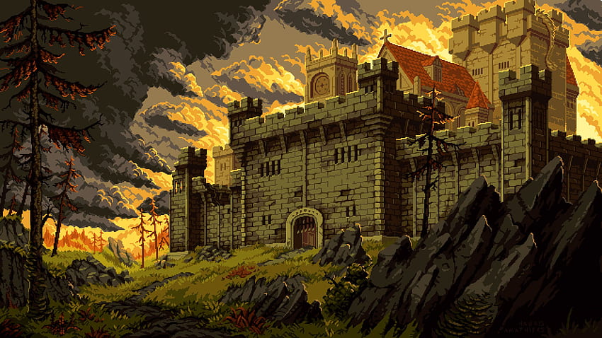Pixel Art Castle Fantasy Art Clouds HD wallpaper