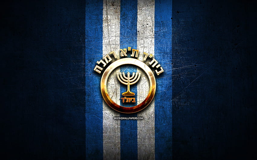 Beitar Tel Aviv Bat Yam FC, goldenes Logo, Leumit League, blauer Metallhintergrund, Fußball, israelischer Fußballverein, Beitar Tel Aviv Bat Yam Logo, Fußball, Beitar Tel Aviv Bat Yam HD-Hintergrundbild