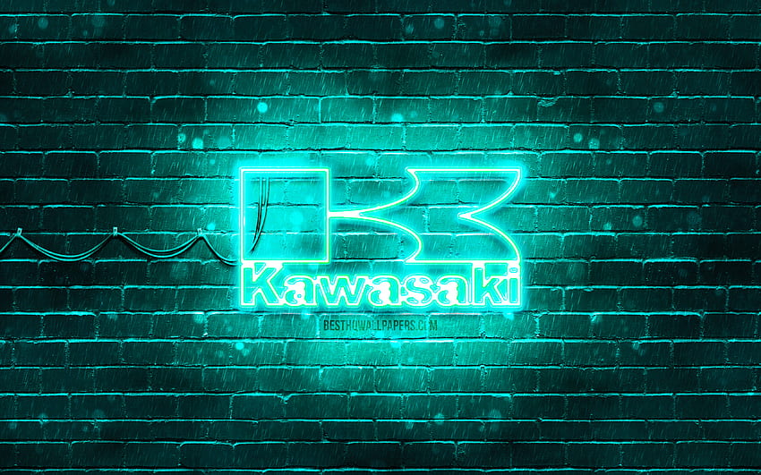 Kawasaki turquoise logo, , turquoise brickwall, Kawasaki logo, motorcyles brands, Kawasaki neon logo, Kawasaki HD wallpaper