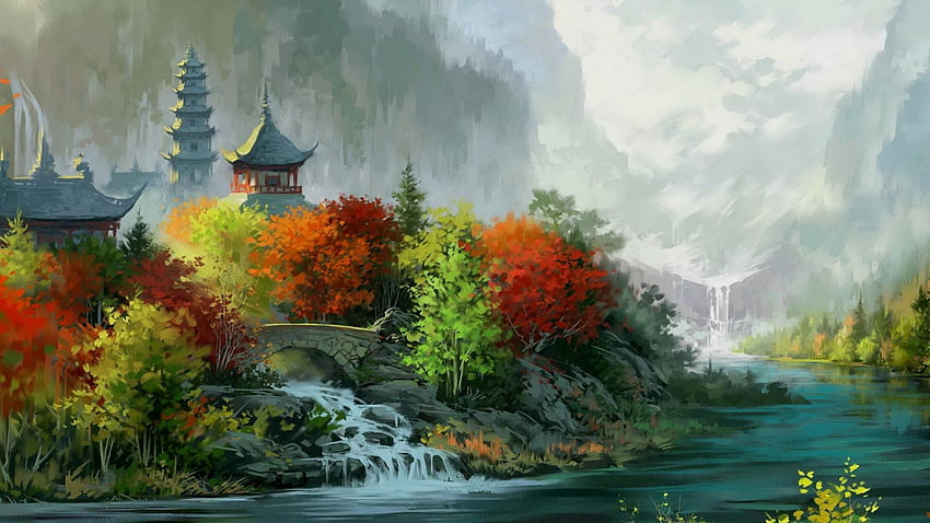 artwork painting digital art asian architecture house tower nature landscape river bridge waterfall trees forest valley mountain fall leaves JPG 385 kB HD wallpaper