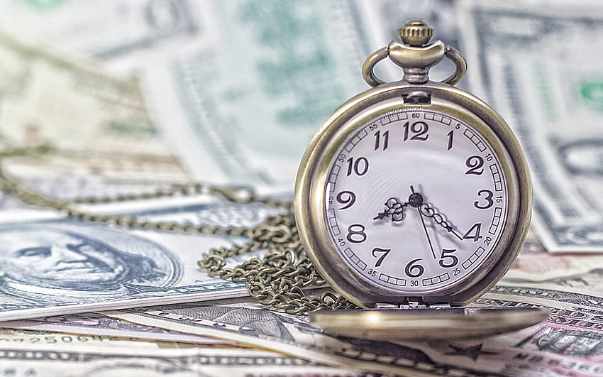 시간은 돈, 돈에 대한 오래된 주머니 시계, 미국 달러, 돈 개념, 금융, 해결을 위한 사업입니다. 고품질 HD 월페이퍼