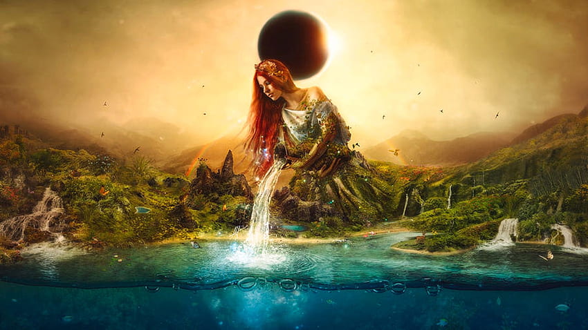 Fountain of Eternity, sea, digital, art, planet, waterlandscape, girl HD wallpaper