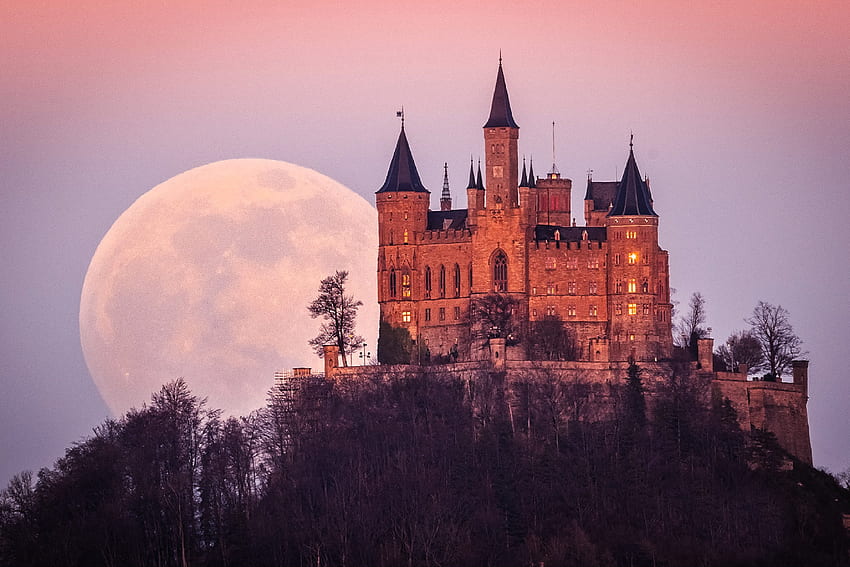 Castello di Hohenschwangau, Germania, medievale, Germania, castello, luna Sfondo HD