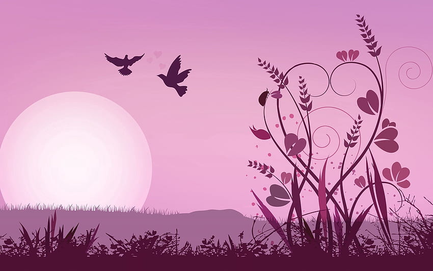 Abstrak, Burung, Rumput, Matahari, Merah Muda, Vektor Wallpaper HD