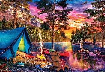 Fishing the Highlands, artwork, Tent, river, chair, digital, boats, trees,  campfire HD wallpaper