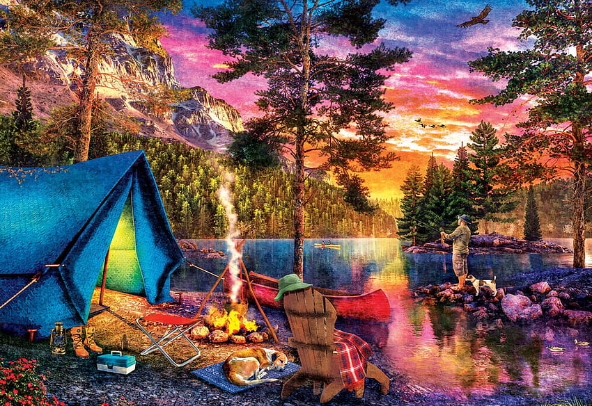 Fishing the Highlands, artwork, Tent, river, chair, digital, boats, trees, campfire HD wallpaper