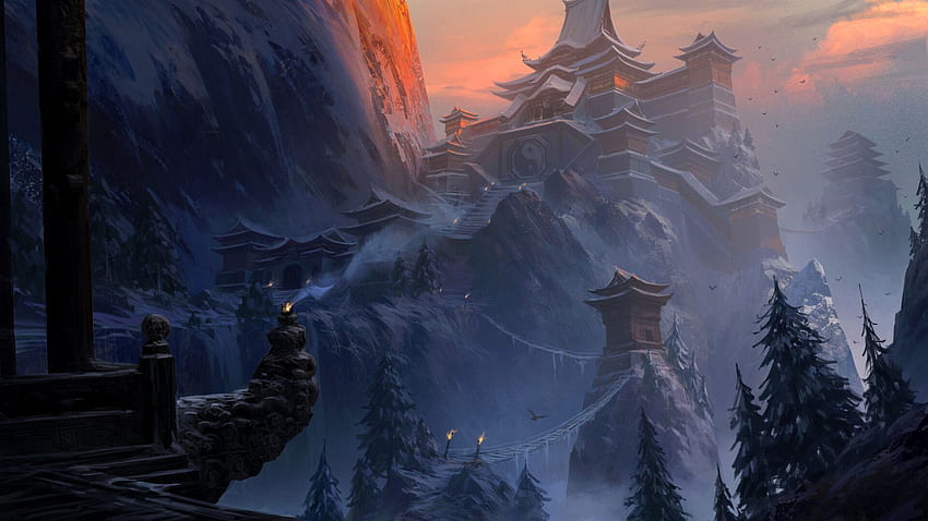 Taoistischer Tempel auf dem schneebedeckten Berg. Hintergrund., Taoismus HD-Hintergrundbild