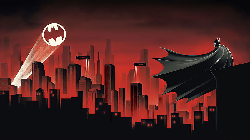 Batman, Zeichentrickserie, Rote Welt, Stadtansicht, Silhouette, , , Hintergrund, 3ba0b6, Batman-Zeichentrickfilm HD-Hintergrundbild