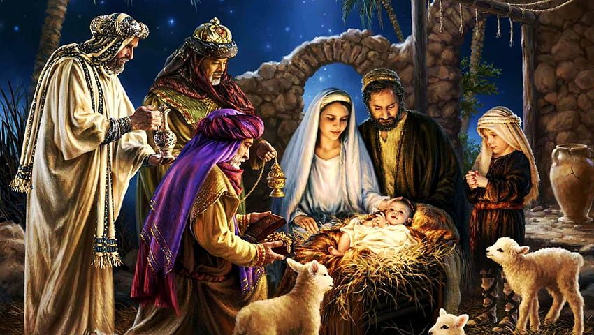 Desa Natal di Peternakan Terbuka Moher Hill, karya seni, lukisan, kelahiran, raja, domba, mary, joseph, anak Wallpaper HD