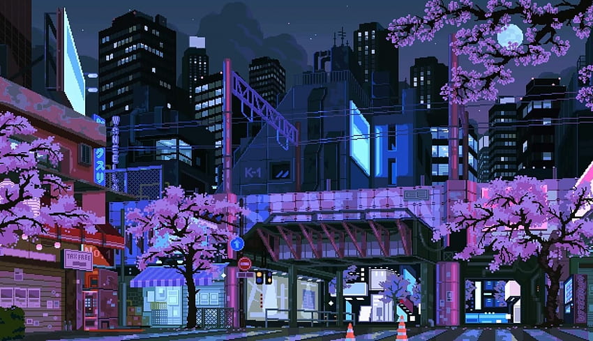 Небостъргачи, пиксел, град, град, черешов цвят, нощ, черешов цвят през нощта HD тапет