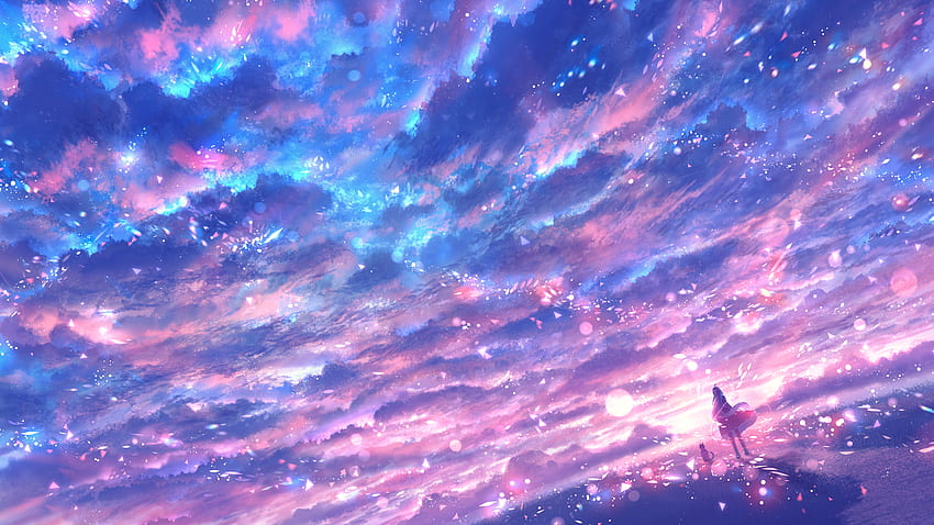 Anime Girl Blue Pink Starry Sky Nature Background Anime Sfondo HD
