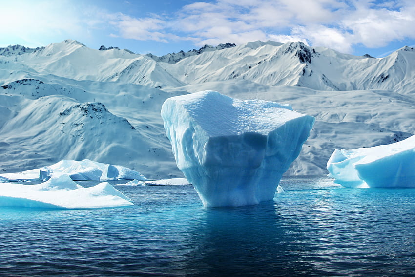 Mountain, snow lake, glacier, iceberg HD wallpaper