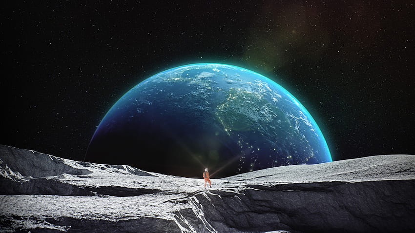 พื้นผิวดวงจันทร์ นักบินอวกาศ โลก กาแล็กซี ดวงดาวสำหรับจอไวด์สกรีน วอลล์เปเปอร์ HD
