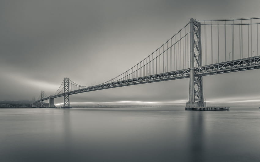 Bay Bridge, matin, lever du soleil, noir et blanc, monochrome, San Francisco, Oakland, États-Unis pour avec résolution. Haute qualité Fond d'écran HD