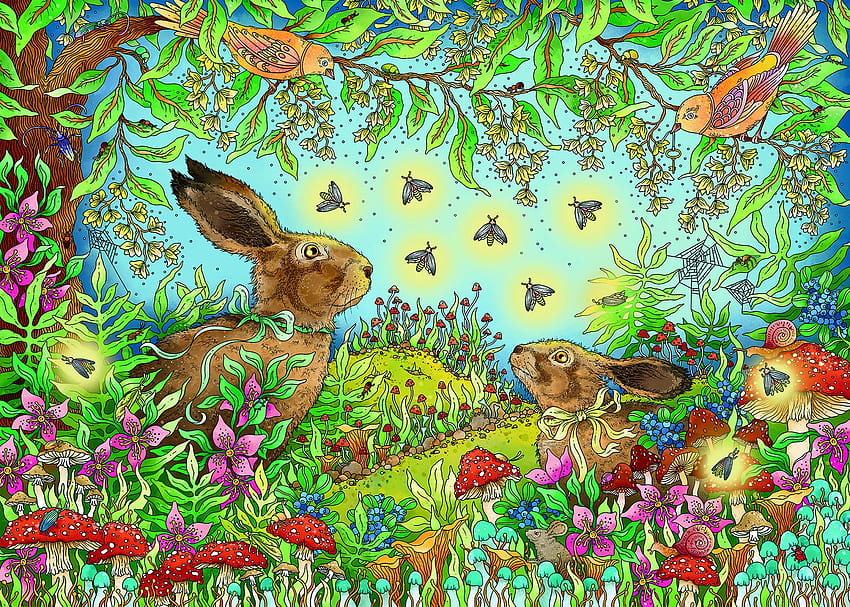 Bunnies, summer, bunny, art, butterfly, flower, garden, rabbit, vara, green HD wallpaper