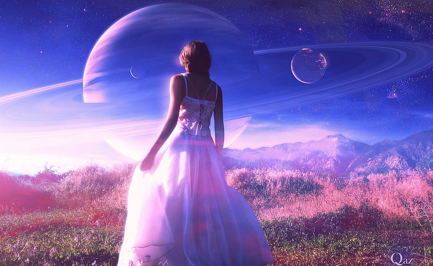 * Mój fioletowy świat *, marzyciel, magia, dziewczyna, trawa, sukienka, fioletowy, planeta, pole, chmury, natura, niebo, niesamowite Tapeta HD