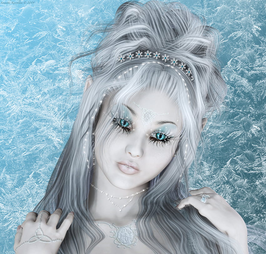 Eirwen-雪の女王、青、王冠、雪片、雪、女性、妖精、妖精、白、女の子、美しい、エルフ、妖精、女性、妖精、ファンタジー、銀、女王、氷 高画質の壁紙