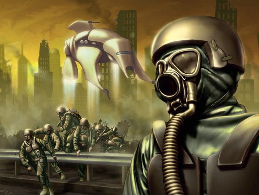 Resistencia, máscaras de gas, construcción, rascacielos, ciencia ficción, hombres, ciencia ficción, futuro fondo de pantalla