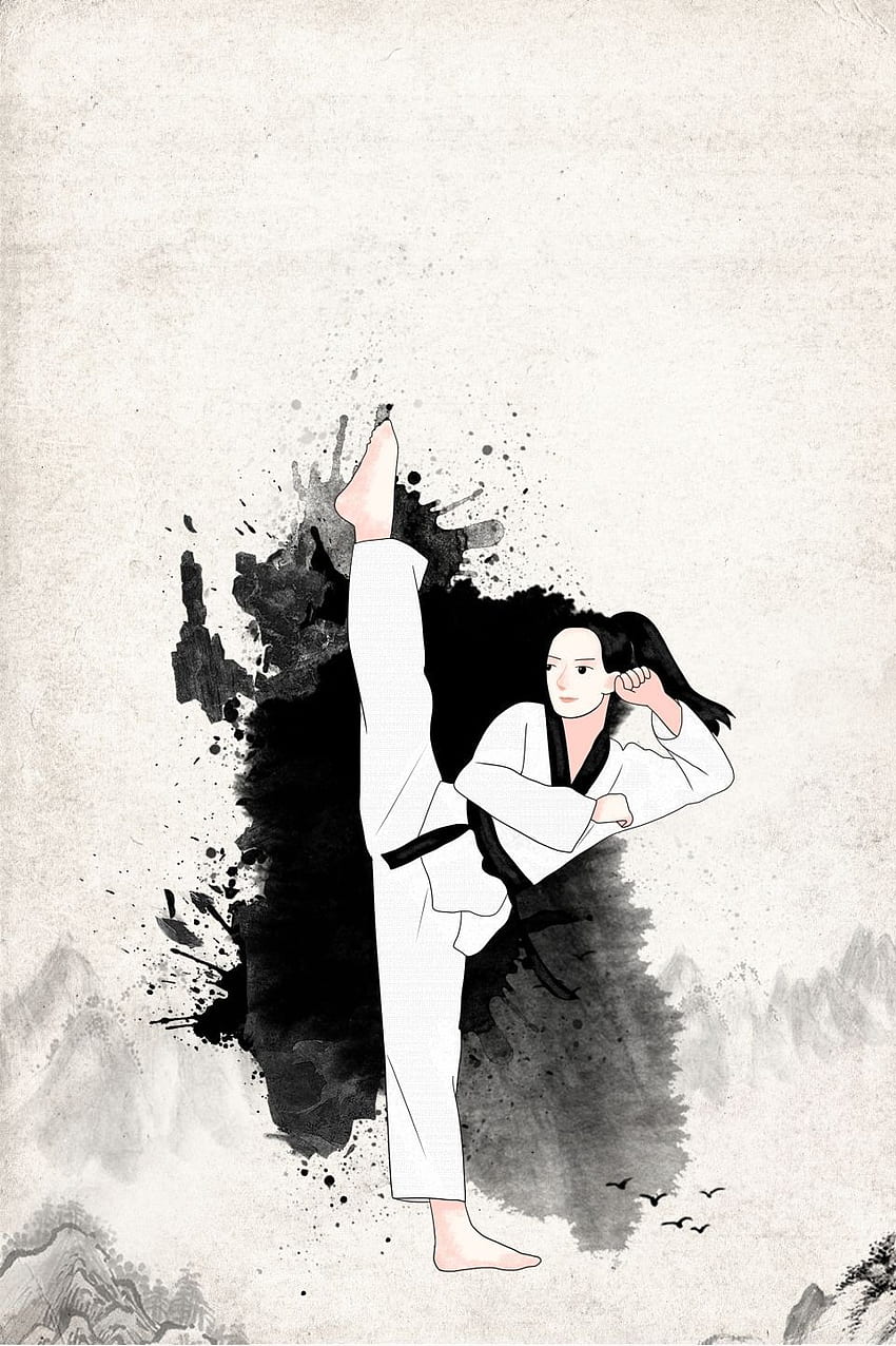 Schwarz-weißer antiker traditioneller Charakter Taekwondo-Kampfkunst-Hintergrundmaterial im Jahr 2020. Kunsthintergrund, Taekwondo, Karate-Mädchen HD-Handy-Hintergrundbild