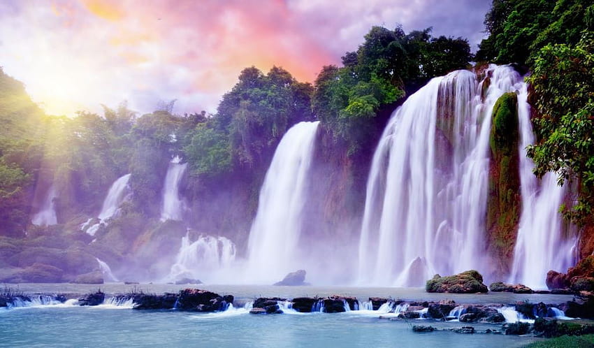 paradise falls, falls, colors, paradise, waterfalls, sky, nature HD wallpaper