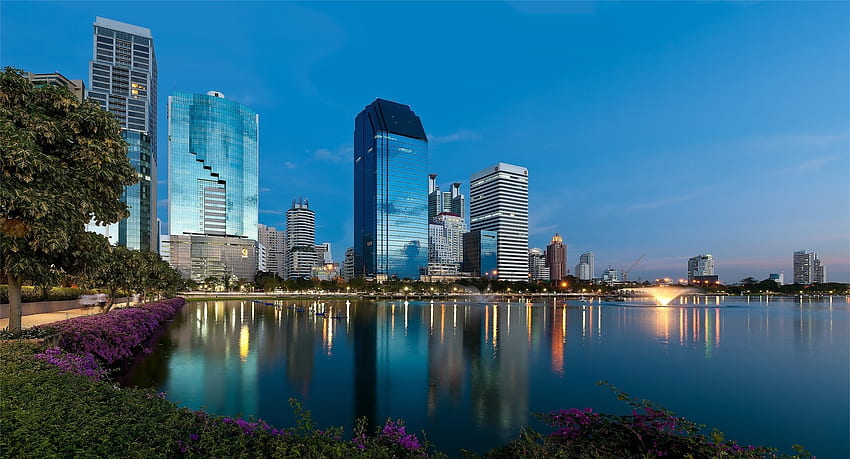 Ciudades, Flores, Edificio, Lago, Orilla, Banco, Bangkok fondo de pantalla