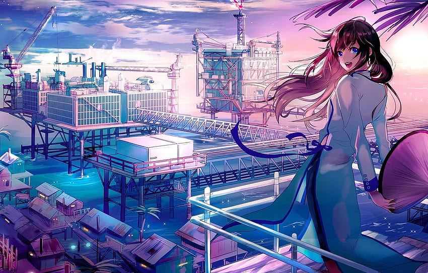 Girl, sky, long hair, dress, sea, hat, anime, blue eyes, clouds, buildings, ribbon, anime girl, pipes, industry, industrial city, japanese hat for , section прочее, Anime Girl Sky HD wallpaper