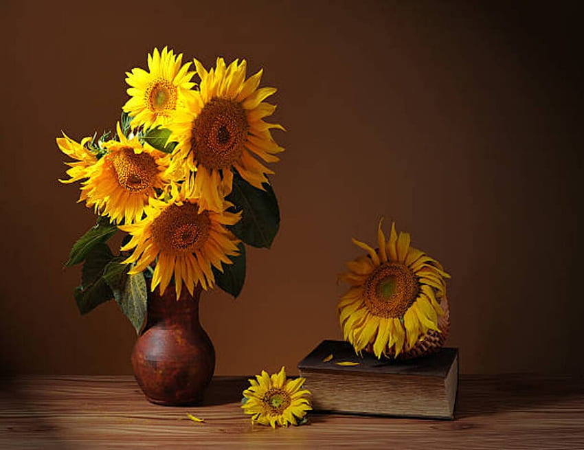 Sunflowers, Vase, Book, Table HD wallpaper