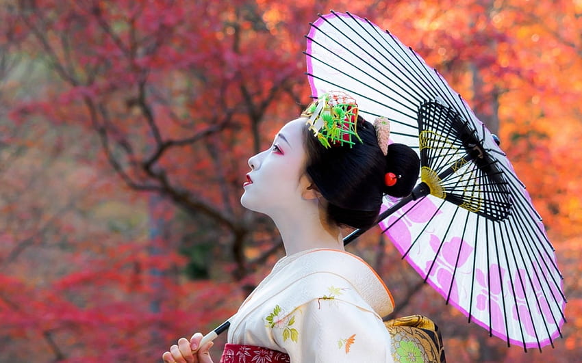 Geisha, payung, Jepang, putih, model, Asia, gadis, oriental, oranye, wanita, pink Wallpaper HD